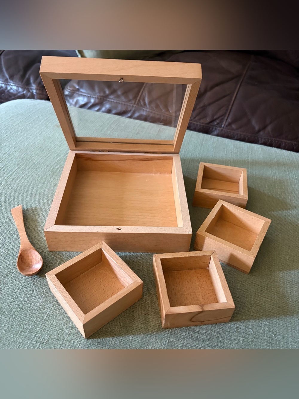 Small Hand Crafted Wooden Spice Box With Spoon Made in India